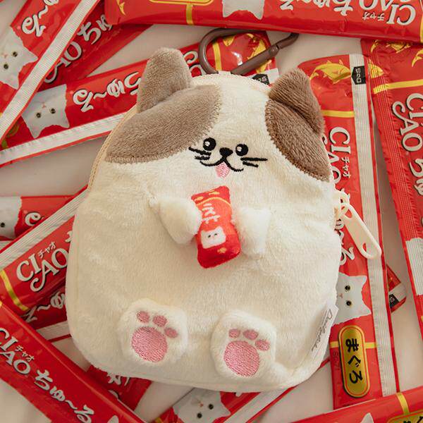 韩国DAILYLIKE可爱毛绒胖猫零钱包化妆包口红收纳包耳机包钥匙扣