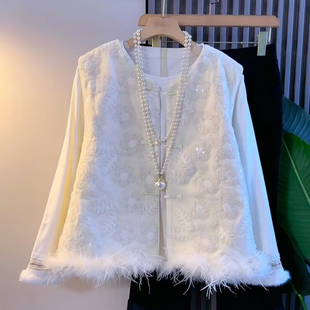 开衫 大码 扭扣无袖 复古风刺绣羽毛马甲女2025冬季 外搭坎肩 新中式