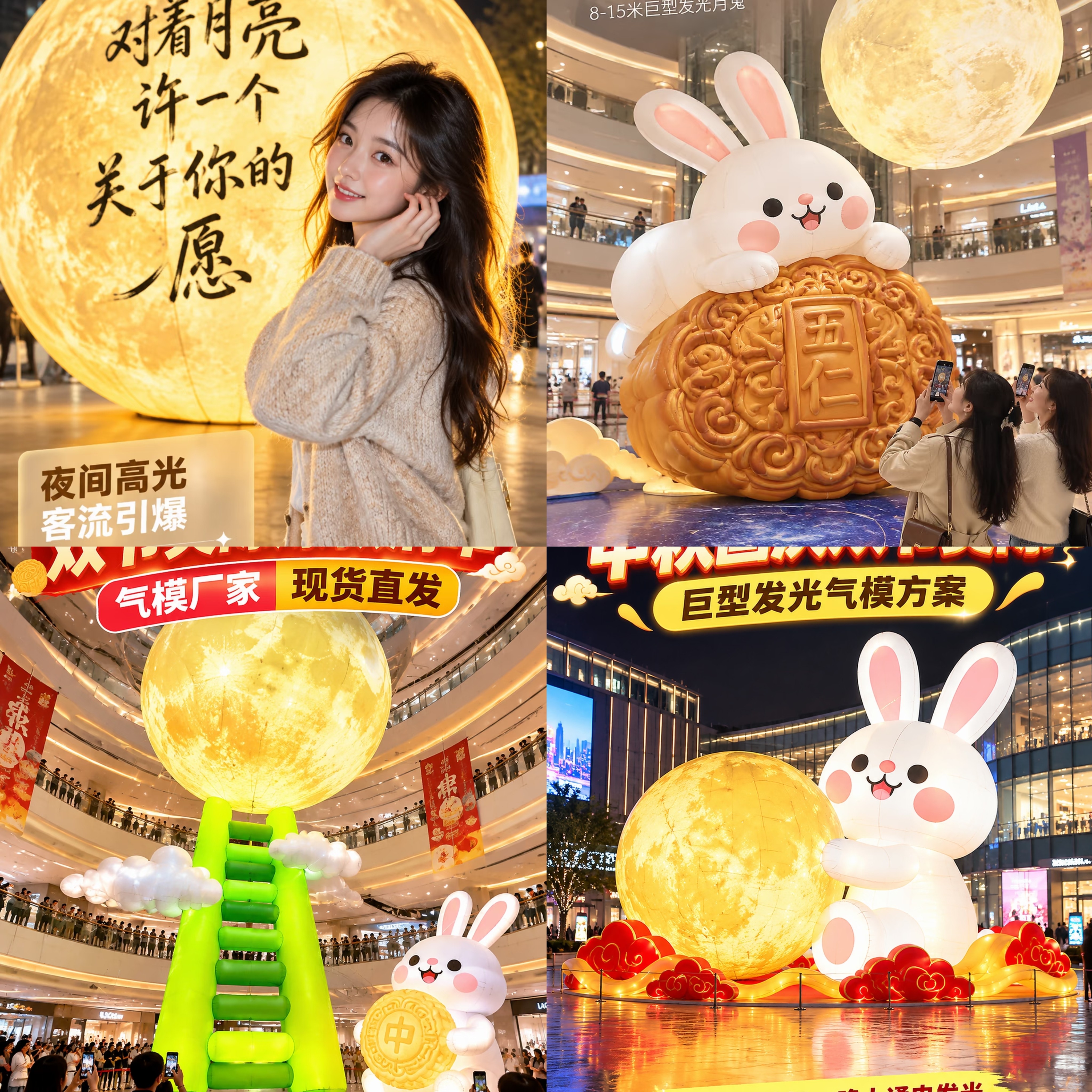 充气月球梯子中秋节网红玉兔月兔抱月饼大型发光月亮美陈装饰气模