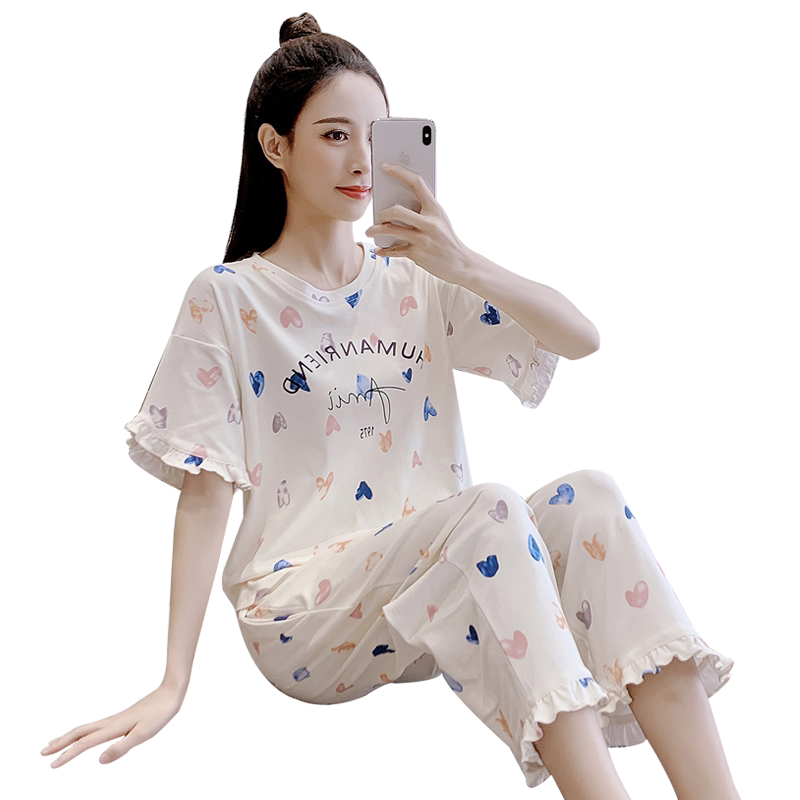 家居服短袖睡衣夏季纯棉七分裤