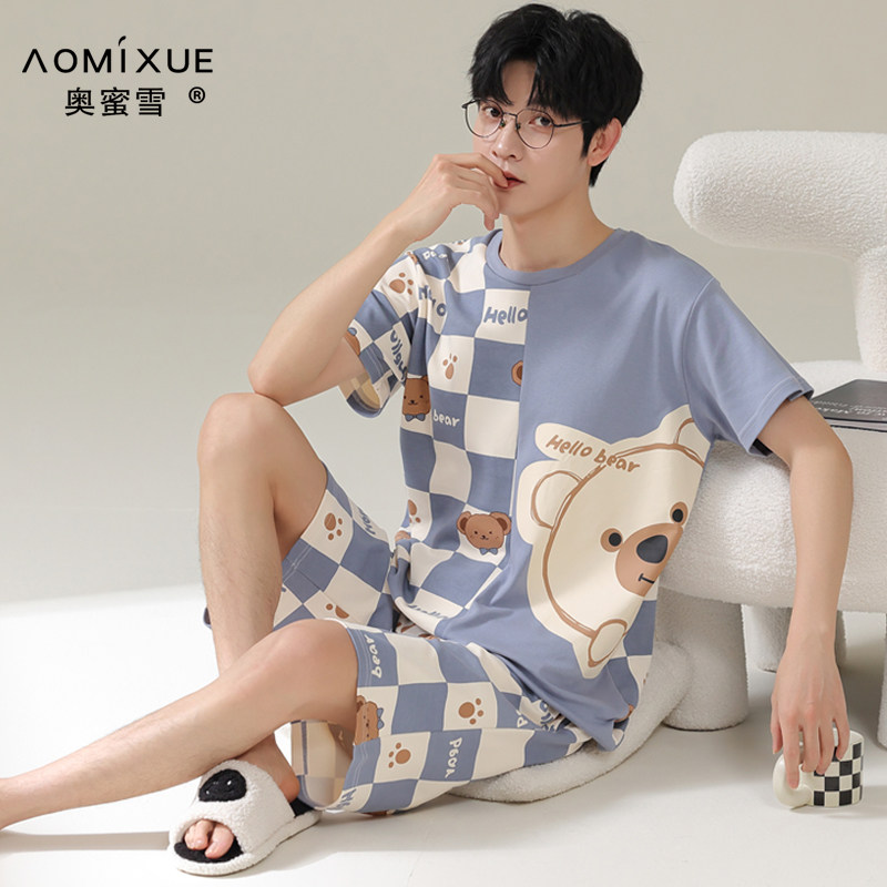 睡衣男款夏季短袖短裤纯棉格子薄款大码夏天青年可外穿家居服套装