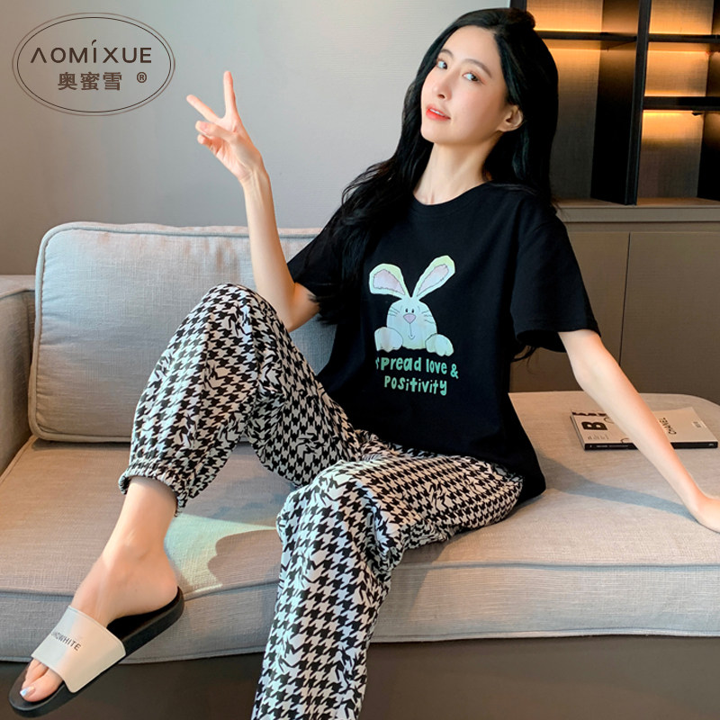 睡衣夏款女款纯棉卡通短袖可爱长裤套装休闲圆领2023年新款家居服