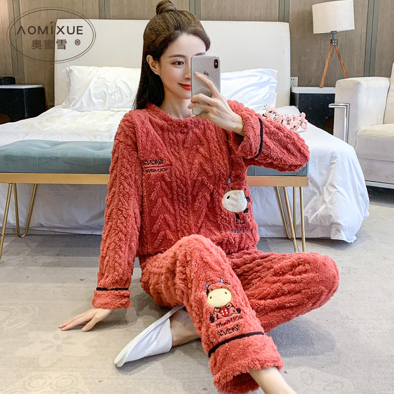 睡衣女冬季珊瑚绒红色2024新款加绒加厚长袖套装法兰绒喜庆家居服
