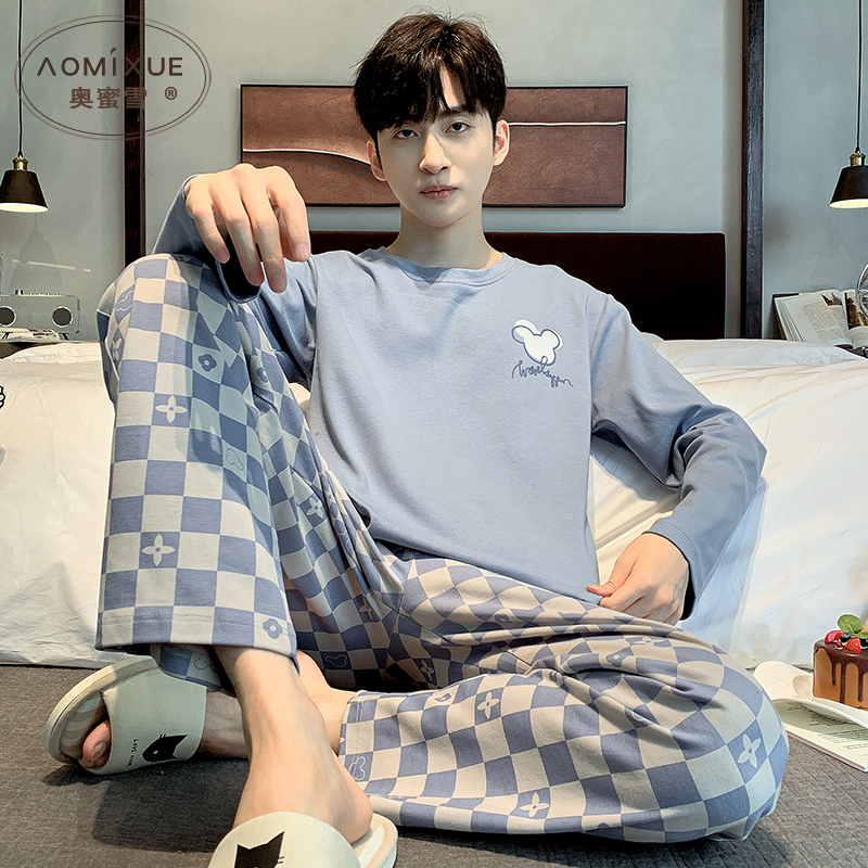 春秋纯棉睡衣长袖格子男士2023年新款全棉学生秋天外穿家居服套装