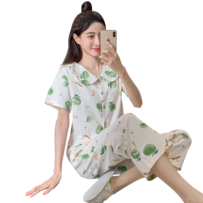 睡衣女夏款纯棉2024新款短袖七分裤开衫套装薄款夏季家居服可外穿