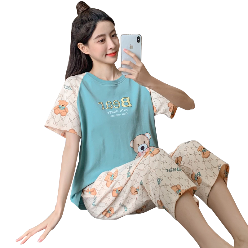 夏季纯棉睡衣女可爱卡通小熊短袖七分裤家居服女生薄款可外穿套装