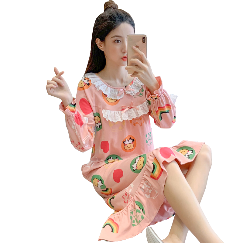 卡通睡衣女纯棉春秋季可爱女生中长款睡裙2024新款长袖外穿家居服