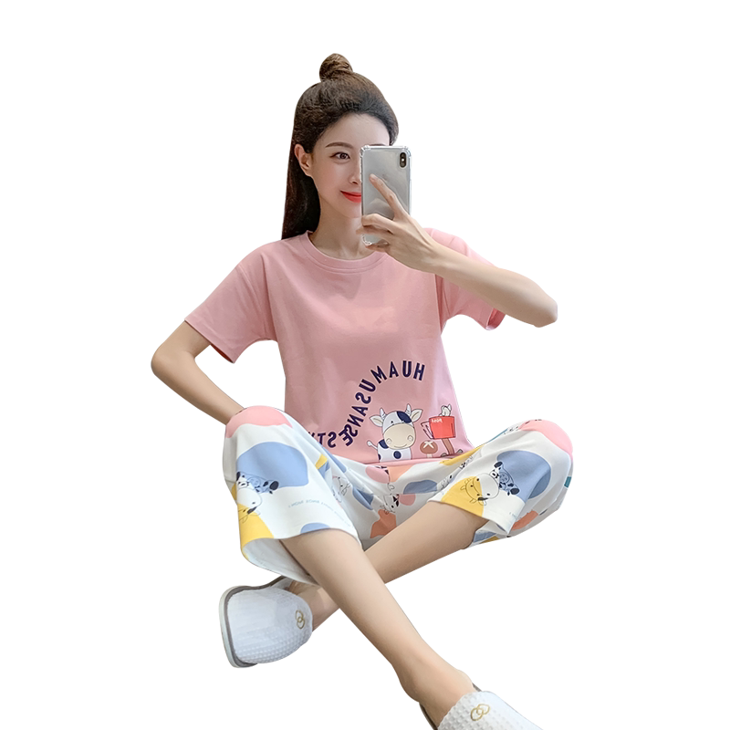 2026新款夏季纯棉睡衣女卡通可爱少女短袖七分裤两件套薄款家居服