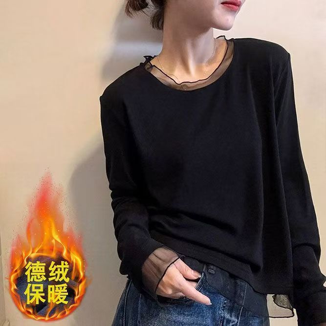 大码德绒韩版拼接网纱长袖t恤女秋冬季2025新款宽松显瘦百搭上衣