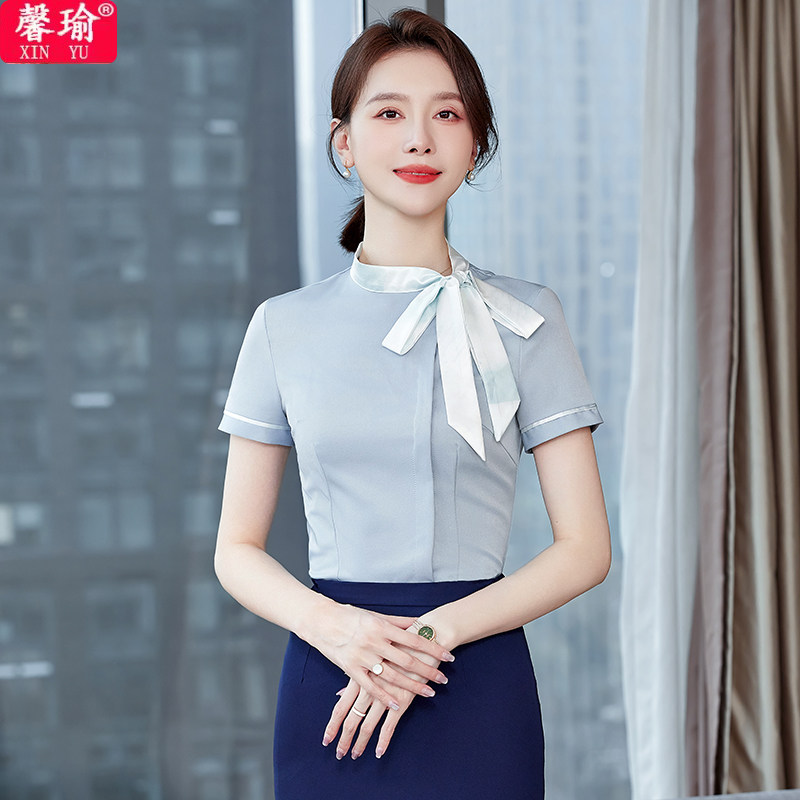 夏季短袖空姐酒店服务员衬衣工作服餐饮前台收银职业衬衫工装套装