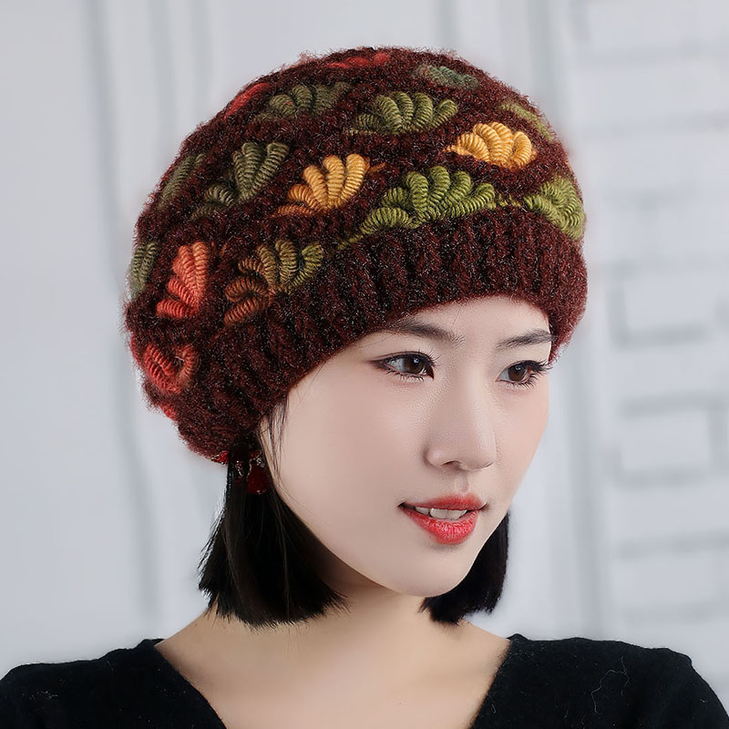 手工钩花彩色弹簧羊毛混纺加绒防风贝雷帽护耳保暖针织毛线帽大码