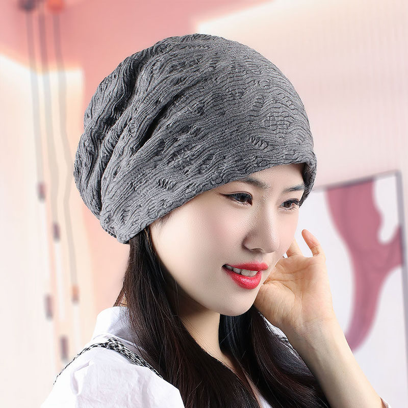 女士秋冬天头巾帽子休闲水波纹褶皱堆堆帽加绒防风保暖包头帽大码