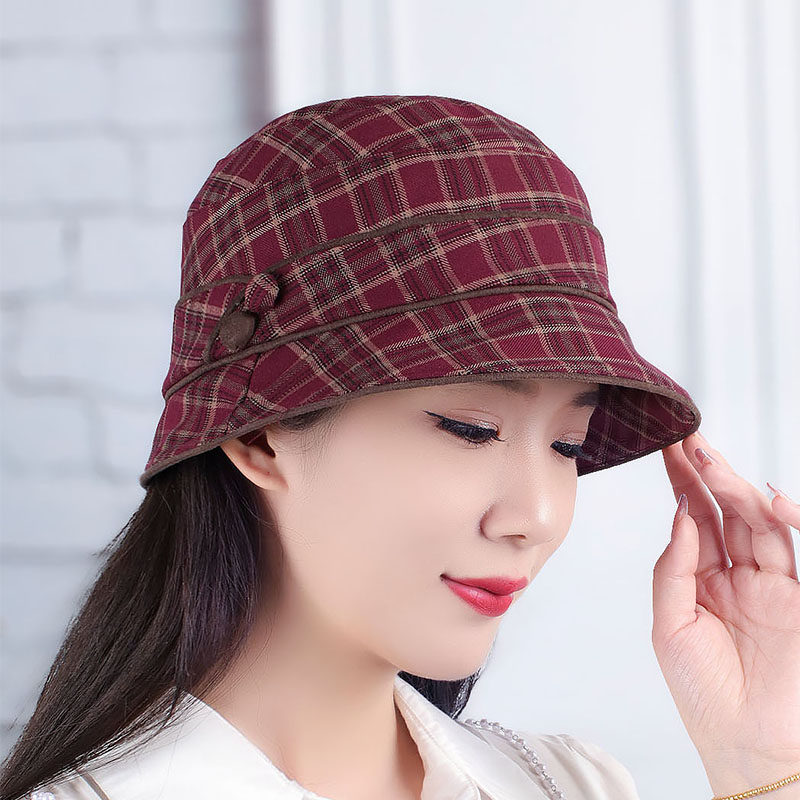 早秋新款格子包边显脸小渔夫帽可折叠时装帽中老年妈妈软布盆帽子