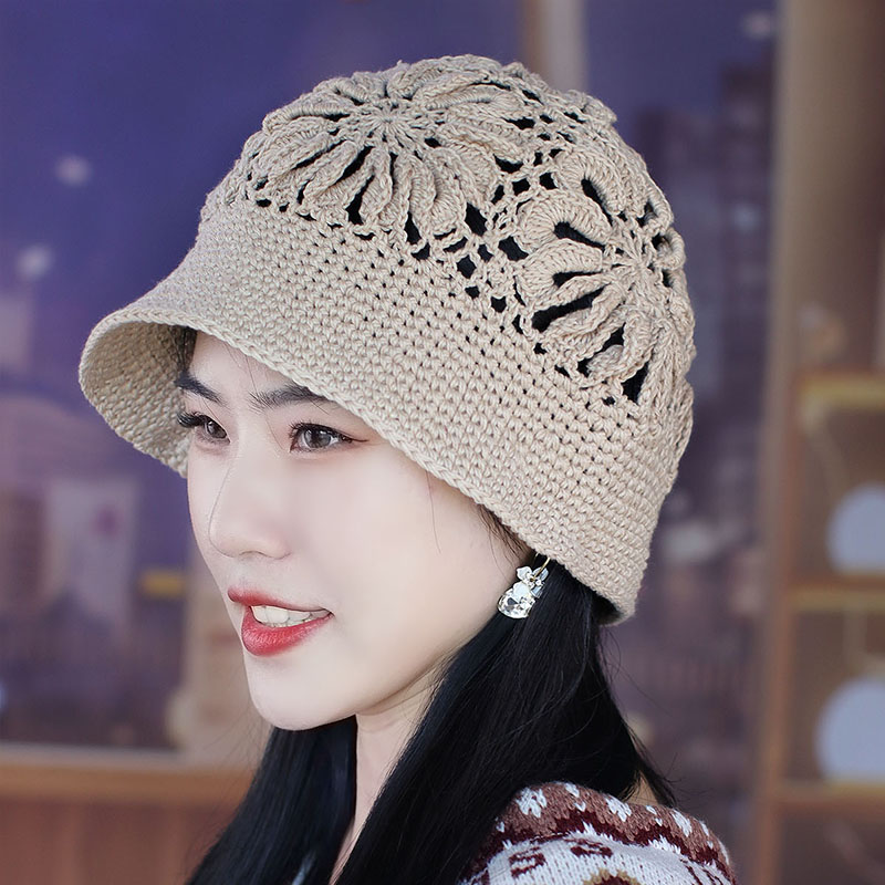 帽子女韩版秋季针织帽百搭显脸小大码盆帽美式镂空钩花手工针织帽