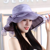 夏季 大沿荷叶边遮阳帽欧根纱雪纺透气度假帽仙女帽百搭太阳帽 时尚