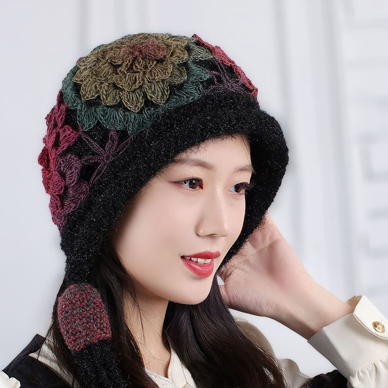 女士秋冬天毛线帽时尚镂空花朵卷边流苏马尾包头帽手工针织羊毛帽