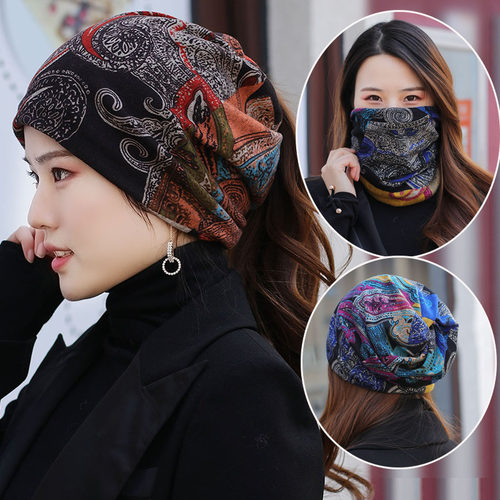 帽子女韩版秋冬季多功能头巾帽高弹大码花朵包头帽保暖马尾围脖帽 - 封面