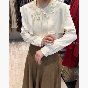SUNSHINE 早春新品时尚通勤衬衫可拆卸披肩手工钉珠片蕾丝领上衣
