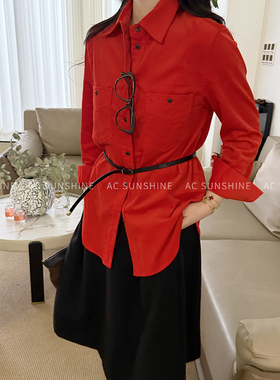 SUNSHINE 早春新品新年红灯芯绒双口袋压双线纯棉衬衫女通勤衬衣
