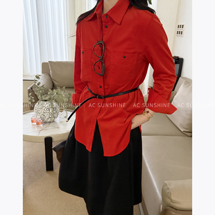 SUNSHINE 早春新品新年红灯芯绒双口袋压双线纯棉衬衫女通勤衬衣
