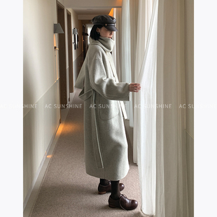 SUNSHINE 全羊毛保暖重工编织边饰V领双面毛呢大衣外套女 冬季