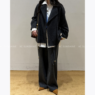 SUNSHINE 冬季新品羊毛混纺西装阔腿裤针织系腰带休闲通勤直筒裤