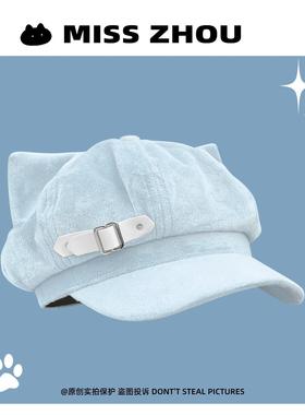 日系y2k猫耳朵贝雷帽子女二次元亚文化甜酷软萌可爱八角帽子蓝色