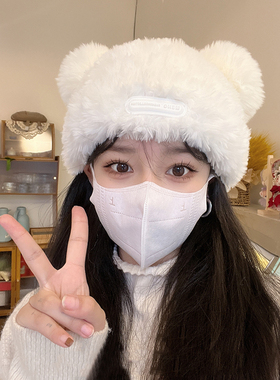 针织毛绒耳朵棉帽2025新款秋冬保暖毛线小熊帽子女冬季可爱白色茸