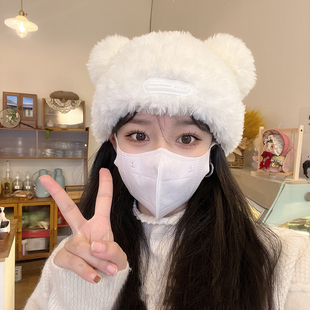 针织毛绒耳朵棉帽2025新款 可爱白色茸 秋冬保暖毛线小熊帽子女冬季