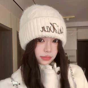 含羊毛保暖帽子女2025新款秋冬大头围针织帽毛线显脸小护耳冷帽