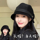 2025新款 百搭帽子女秋冬灯芯绒渔夫帽黑色盆帽大头围显脸小贝雷帽