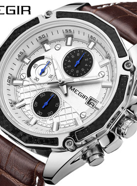 美格尔MEGIR男士三眼3D表盘多功能秒表日历时尚石英表运动手表