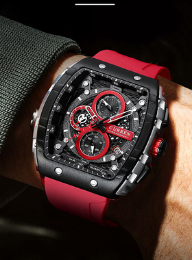 CURREN卡瑞恩手表男士运动方形酒桶机械表盘日历夜光防水石英表