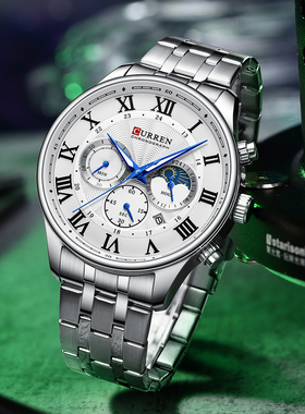 CURREN卡瑞恩男士学生不锈钢带商务月相秒表日历夜光石英手表8427