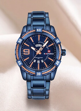 Naviforce领翔精钢双显机芯防水日历表时尚钢带男士手表户外运动