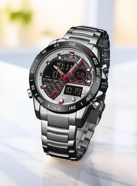 Naviforce领翔手表男LED多功能户外闹钟秒表防水石英表不锈钢腕表