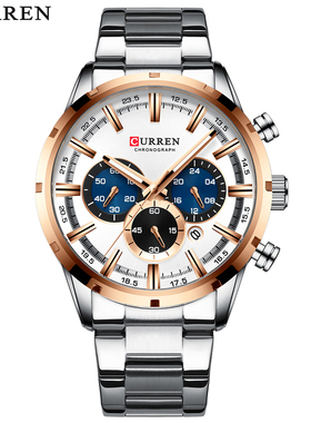 CURREN卡瑞恩手表男士钢带多功能秒表防水美式大表盘表石英腕表
