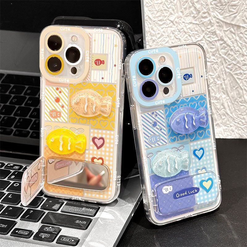 蓝格小鱼镜子支架适用于苹果17promax手机壳iphone16/15/14/13/12/11女生高颜值手机壳