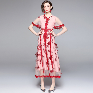 RM6001#圆领喇叭袖水溶花拼接刺绣蝴蝶收腰大摆网纱连衣裙