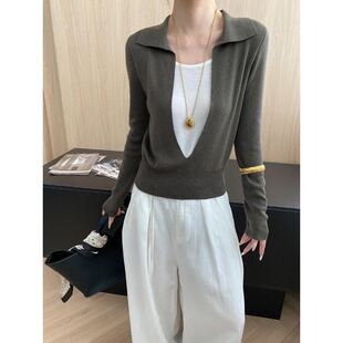 SN7985 撞色假两件设计感POLO翻领显瘦针织衫 司南 简约通勤感