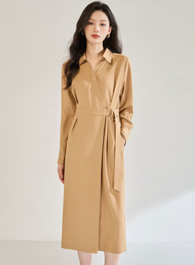 25秋季优雅气质通勤收腰显瘦衬衫翻领不对称斜襟长袖连衣裙25565