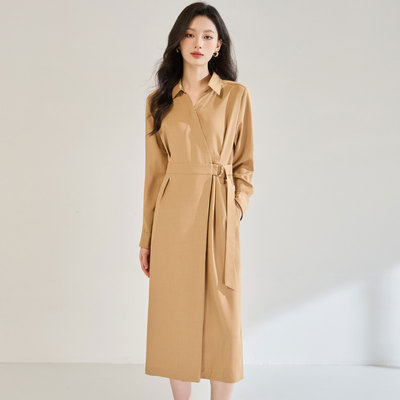 25秋季优雅气质通勤收腰显瘦衬衫翻领不对称斜襟长袖连衣裙25565