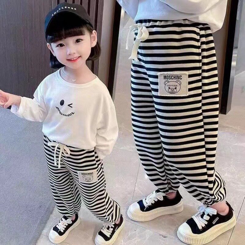 三折品牌男女童春秋韩系百搭黑白条纹束脚裤休闲哈伦裤儿童宝宝宽