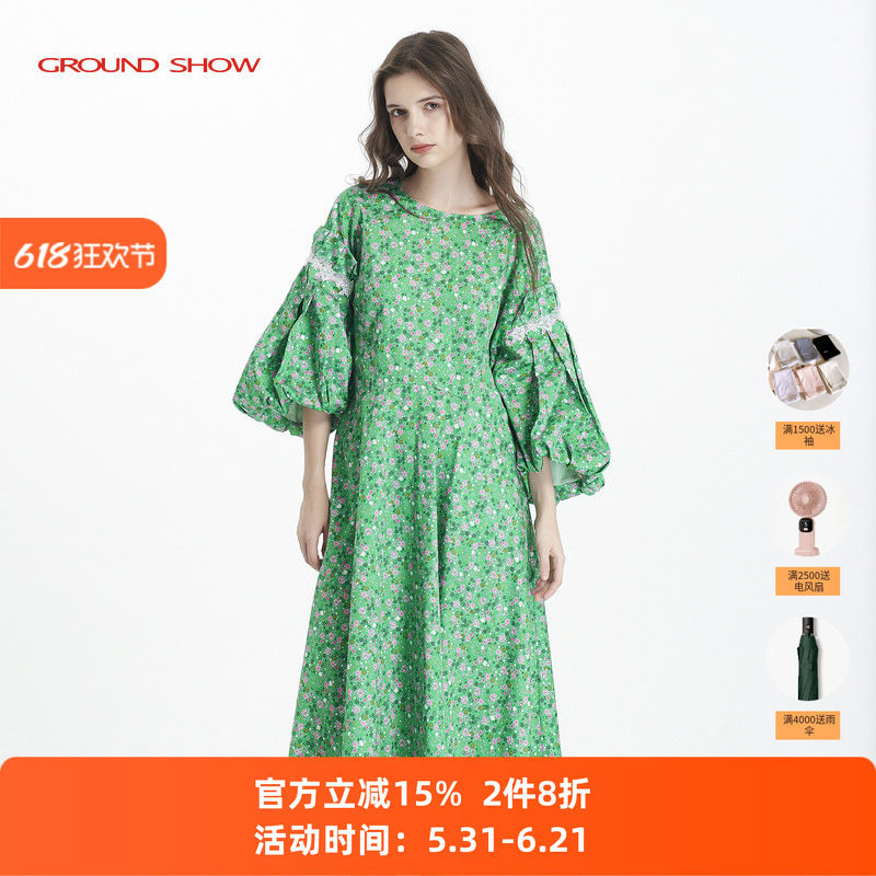 绿色长绒棉碎花阁兰秀连衣裙