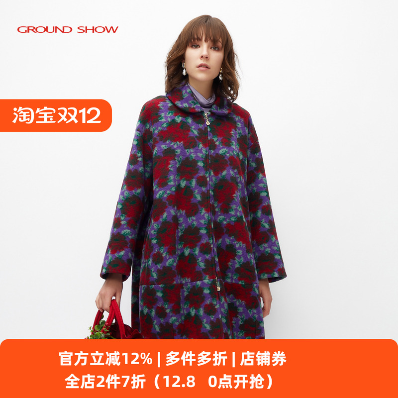 阁兰秀玫瑰印花羊毛呢子外套秋冬新款大衣中长款保暖舒适轻奢女装