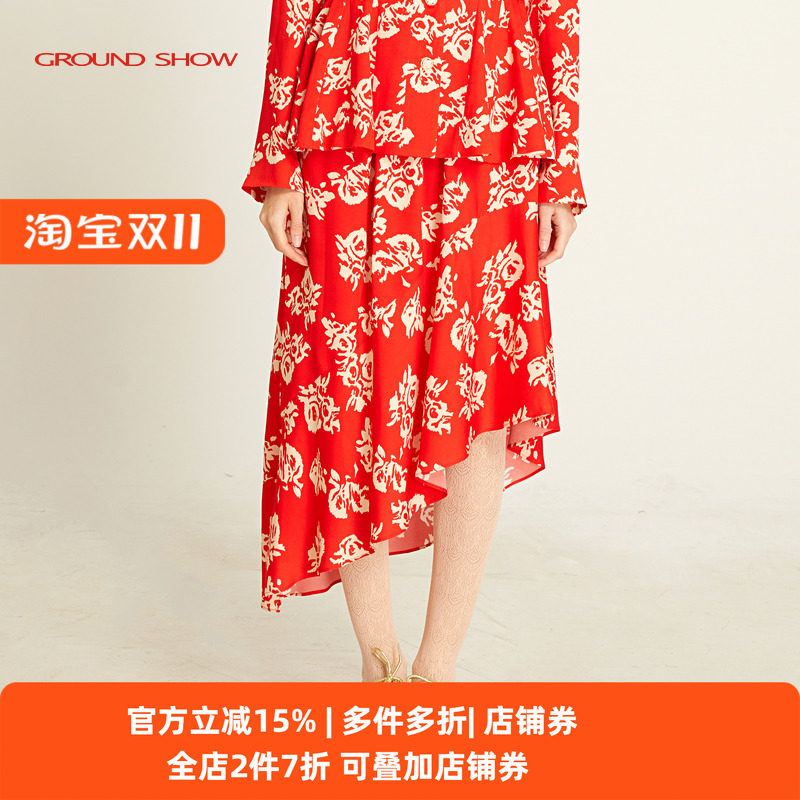 Ground Show/阁兰秀2025夏新款红色印花半身裙不规则裙摆A字中裙