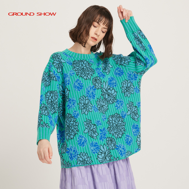 阁兰秀2024秋冬新款蓝绿色落肩袖提花针织衫宽松慵懒风毛衣女装