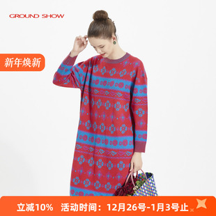 毛衣 阁兰秀红蓝提花针织连衣裙圆领套头宽松减龄款 绵羊毛混纺