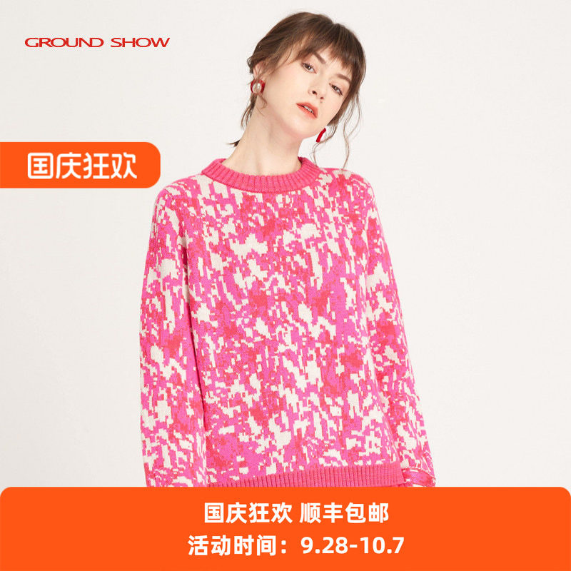 红白羊毛套衫阁兰秀宽松时尚