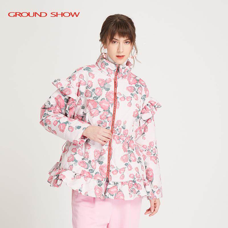 【专柜款】阁兰秀秋冬新品油画风印花棉衣荷叶边棉服短款外套女装